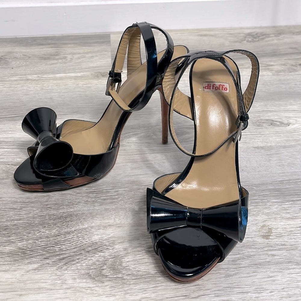 Di Foffo Italian Ankle Strap Open Toe Heels with Bow Detail.